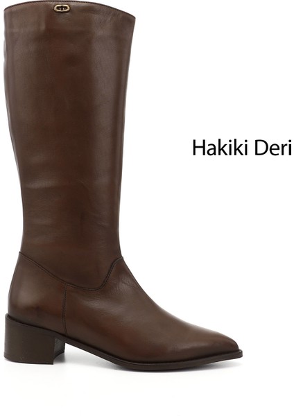 Kadın Kahve Sivri Burun Kalın Topuklu Hakiki Deri Çizme