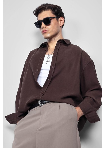 Erkek Oversize Uzun Kollu Basic Gömlek Kahverengi