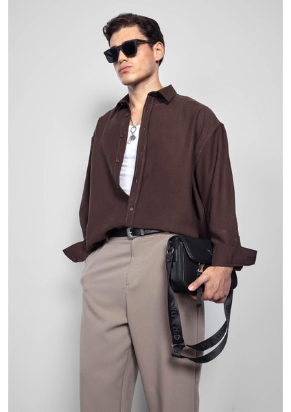 Erkek Oversize Uzun Kollu Basic Gömlek Kahverengi modelleri