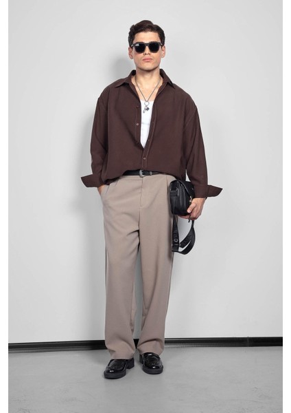 Erkek Oversize Uzun Kollu Basic Gömlek Kahverengi indirimleri