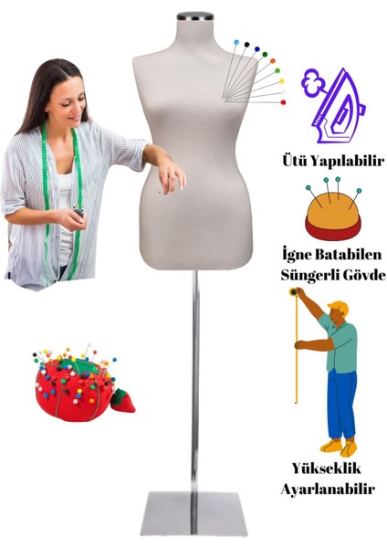 Sünger Iğne Batabilen 36 Beden Beyaz Kumaşlı Ahşap Metal Ayaklı Terzi Mankeni Prova Mankeni Po-01