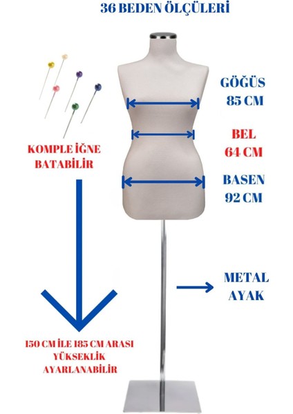 Sünger Iğne Batabilen 36 Beden Beyaz Kumaşlı Ahşap Metal Ayaklı Terzi Mankeni Prova Mankeni Po-01 fiyatları