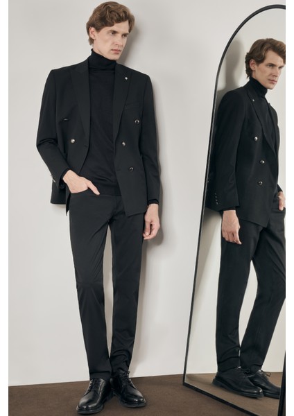 Siyah Kılıç Yaka Astarlı Çift Yırtmaç Pamuklu 6 Drop Slim Fit Classic Kruvaze Ceket 1002255113