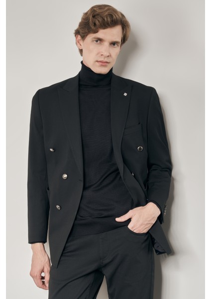 Siyah Kılıç Yaka Astarlı Çift Yırtmaç Pamuklu 6 Drop Slim Fit Classic Kruvaze Ceket 1002255113 fiyatları