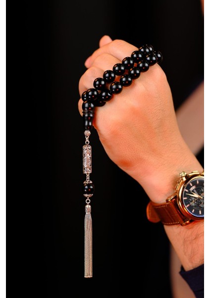 Gümüş Cevşen Tasarım Iri Boy Oltu Taşı Tesbih