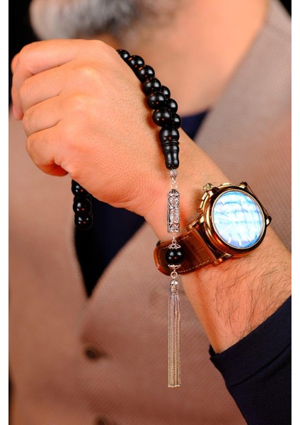 Gümüş Cevşen Tasarım Iri Boy Oltu Taşı Tesbih modelleri