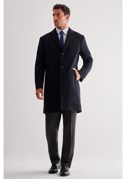Koyu Lacivert Mono Yaka Palto Tam Astar Classic Comfort Fit Yünlü Kaşe Palto 1005255151 fiyatları