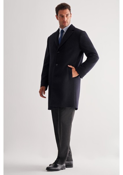 Koyu Lacivert Mono Yaka Palto Tam Astar Classic Comfort Fit Yünlü Kaşe Palto 1005255151 modelleri