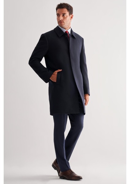 Koyu Lacivert Berberi Yaka Tam Astar Classic Comfort Fit Esnek Kaşe Palto 1005255152 modelleri