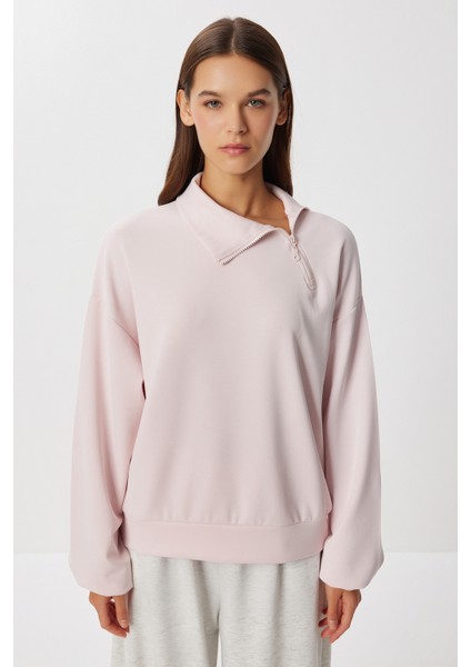 Yumuşak Dokulu Yan Fermuarlı Modal Sweatshirt LUB0250 Şeker Pembe modelleri