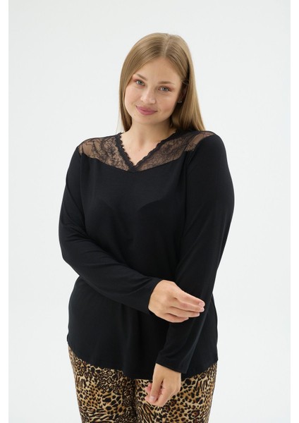 Kadın Siyah Renk Büyük Beden Uzun Kollu V Yaka Dantel Detaylı Pijama Takımı C3T2N371 modelleri