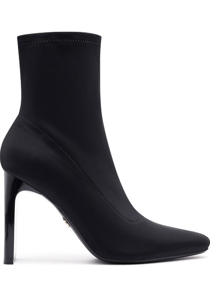 Kadın Siyah Fermuarlı Yüksek Kalın Topuklu Kumaş Bot 25AFD44046F