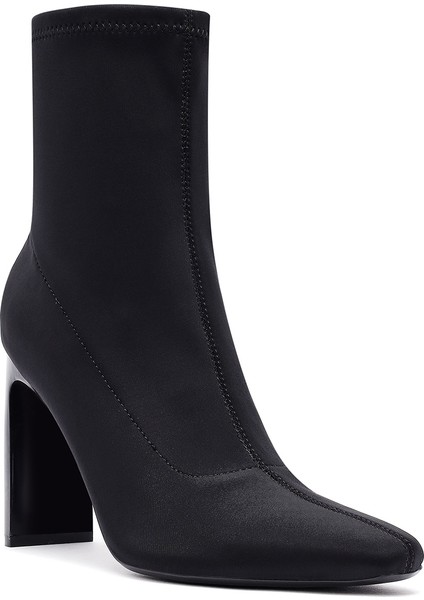 Kadın Siyah Fermuarlı Yüksek Kalın Topuklu Kumaş Bot 25AFD44046F