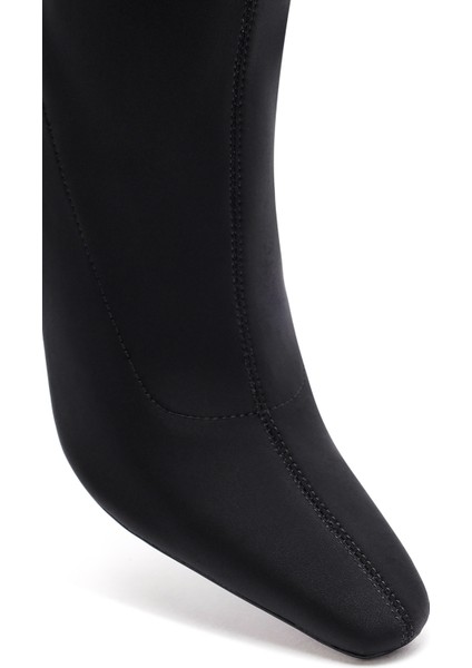 Kadın Siyah Fermuarlı Yüksek Kalın Topuklu Kumaş Bot 25AFD44046F