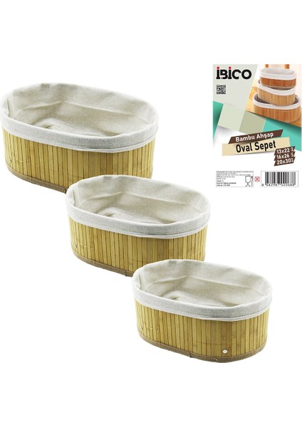 3 Boy Oval Bambu Kenar Organizer Sepet Ahşap Altlık - Bezli 13X22-16X26-20X30CM (5263)