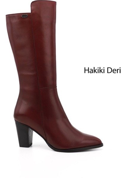 Kadın Bordo Antik Sivri Burun Kalın Topuklu Hakiki Deri Çizme