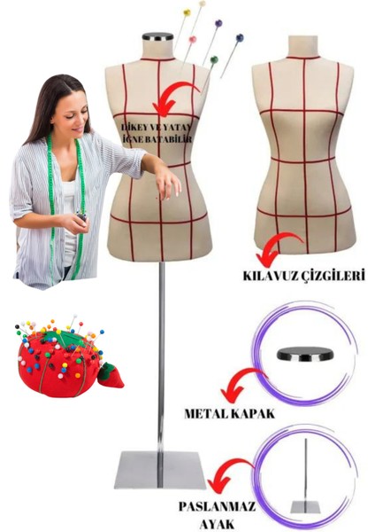 Kılavuz Çizgili 38 Beden Sünger Iğne Batabilen Keten Kumaş Terzi Mankeni Prova Mankeni