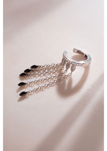 Gümüş Siyah Taş Zincirli ve Kristal Taş Detaylı 925 Ayar Gümüş Kıkırdak Küpe 63