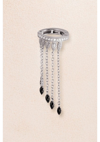 Gümüş Siyah Taş Zincirli ve Kristal Taş Detaylı 925 Ayar Gümüş Kıkırdak Küpe 63 modelleri