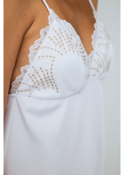 Kırık Beyaz Bridal Charming V Yaka Dantelli Saten Gelin Gecelik