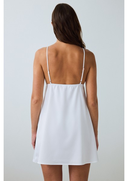 Kırık Beyaz Bridal Charming V Yaka Dantelli Saten Gelin Gecelik