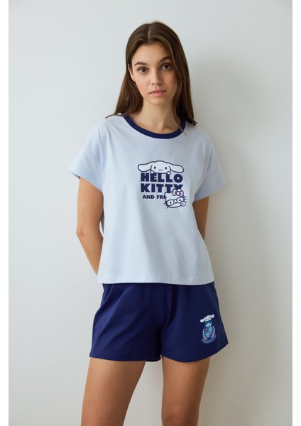 Açık Mavi Sanrio Happy Friends Bisiklet Yaka Pamuklu Kısa Kollu Şortlu Pijama Takımı