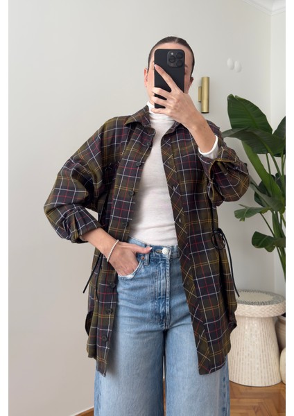 Ekose Desen Belden Büzgülü Gömlek- Haki