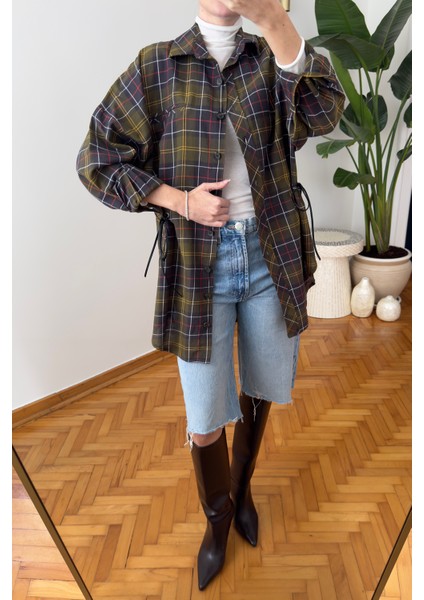 Ekose Desen Belden Büzgülü Gömlek- Haki modelleri