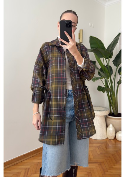 Ekose Desen Belden Büzgülü Gömlek- Haki fırsatları