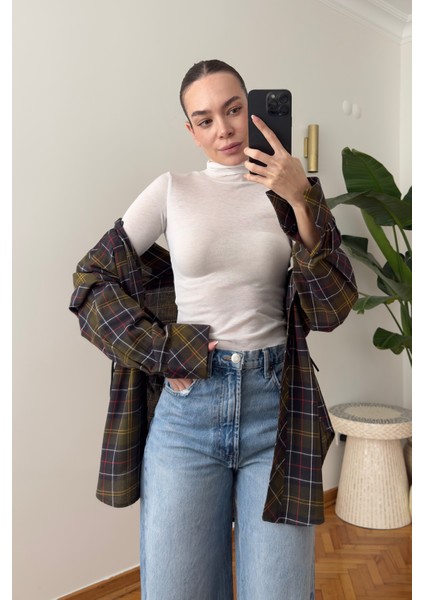 Ekose Desen Belden Büzgülü Gömlek- Haki indirimleri