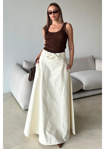 Beli Kuşaklı Denim Çan Uzun Etek Ekru 7064