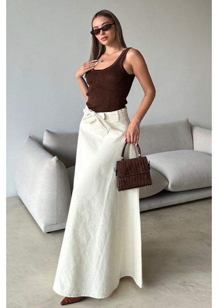 Beli Kuşaklı Denim Çan Uzun Etek Ekru 7064 fiyatları