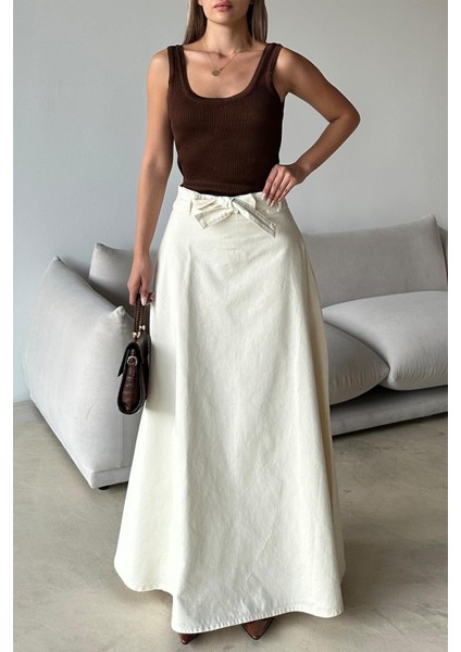 Beli Kuşaklı Denim Çan Uzun Etek Ekru 7064 modelleri