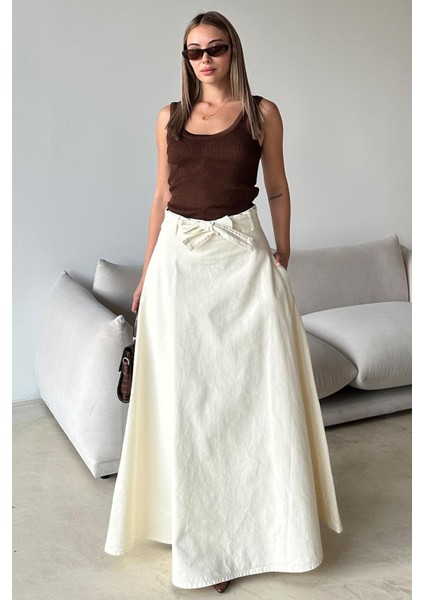 Beli Kuşaklı Denim Çan Uzun Etek Ekru 7064 fırsatları