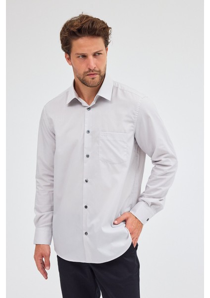 Taş Rengi Sert Yaka Uzun Kol Easy To Iron Comfort Fit Pamuklu Gömlek 1004255300