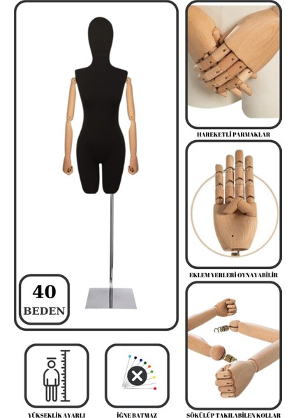 40 Beden Ahşap Kollu Iğne Batmaz Vitrin Amaçlı Terzi Mankeni Vitrin Mankeni Siyah, Metal Ayak Kafalı