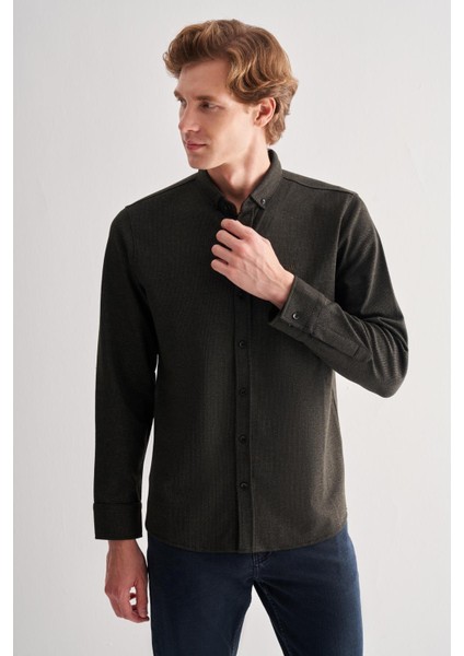 Koyu Haki Smart Düğmeli Yaka Uzun Kol Cepsiz Slim Fit Casual Gömlek 1004255170 modelleri