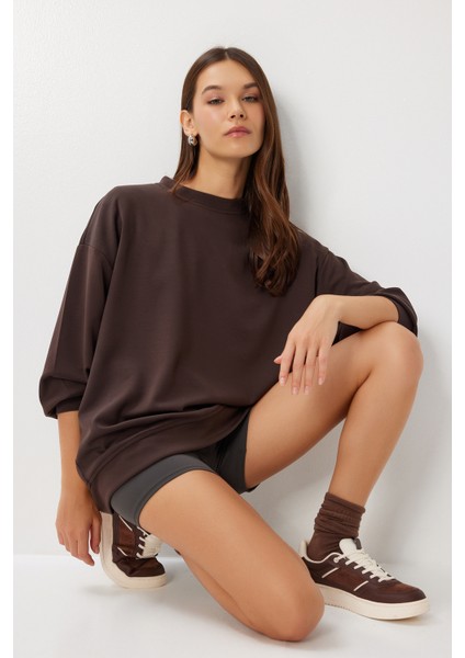 Oversize Basic Yumuşak Modal Sweatshirt LUB0249 Kahverengi