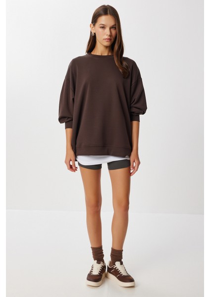 Oversize Basic Yumuşak Modal Sweatshirt LUB0249 Kahverengi fiyatları