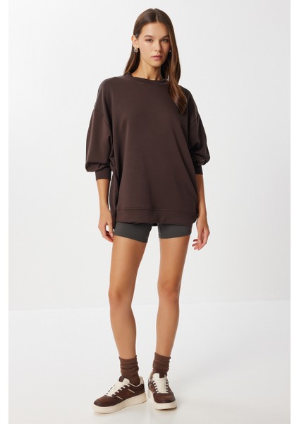 Oversize Basic Yumuşak Modal Sweatshirt LUB0249 Kahverengi modelleri