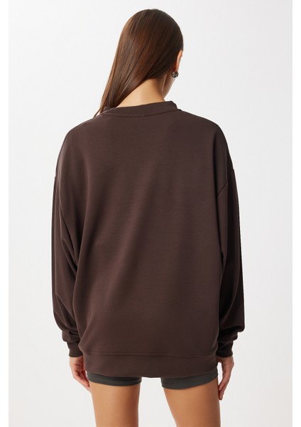 Oversize Basic Yumuşak Modal Sweatshirt LUB0249 Kahverengi indirimleri