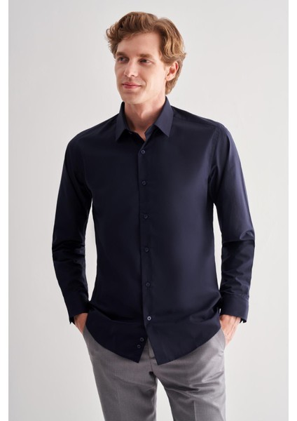 Koyu Lacivert Sert Yaka Filafil Desen Uzun Kol Slim Fit Pamuklu Gömlek 1004255181