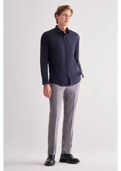 Koyu Lacivert Sert Yaka Filafil Desen Uzun Kol Slim Fit Pamuklu Gömlek 1004255181 fiyatları