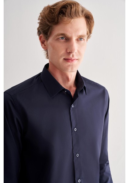 Koyu Lacivert Sert Yaka Filafil Desen Uzun Kol Slim Fit Pamuklu Gömlek 1004255181 fırsatları