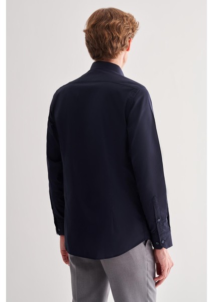 Koyu Lacivert Sert Yaka Filafil Desen Uzun Kol Slim Fit Pamuklu Gömlek 1004255181 indirimleri