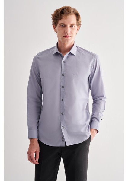 Koyu Gri Yarım Italyan Yaka Uzun Kol Slim Fit Pamuklu Gömlek 1004255180