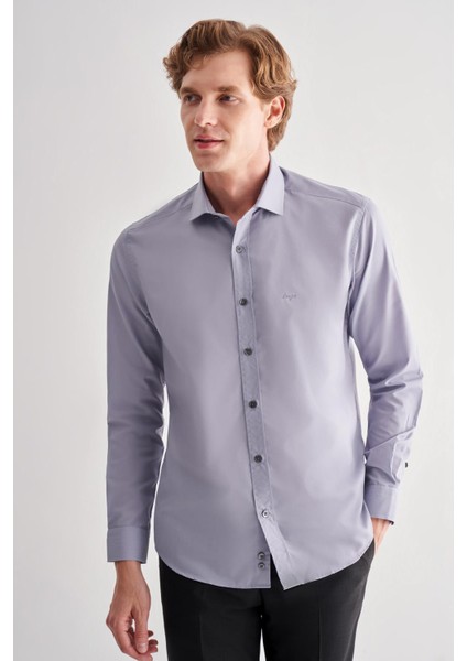 Koyu Gri Yarım Italyan Yaka Uzun Kol Slim Fit Pamuklu Gömlek 1004255180 modelleri