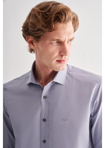 Koyu Gri Yarım Italyan Yaka Uzun Kol Slim Fit Pamuklu Gömlek 1004255180 fırsatları