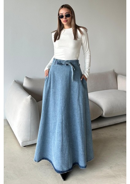 Beli Kuşaklı Denim Çan Uzun Etek Mavi 7064