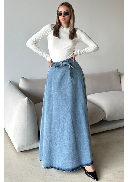 Beli Kuşaklı Denim Çan Uzun Etek Mavi 7064 fiyatları